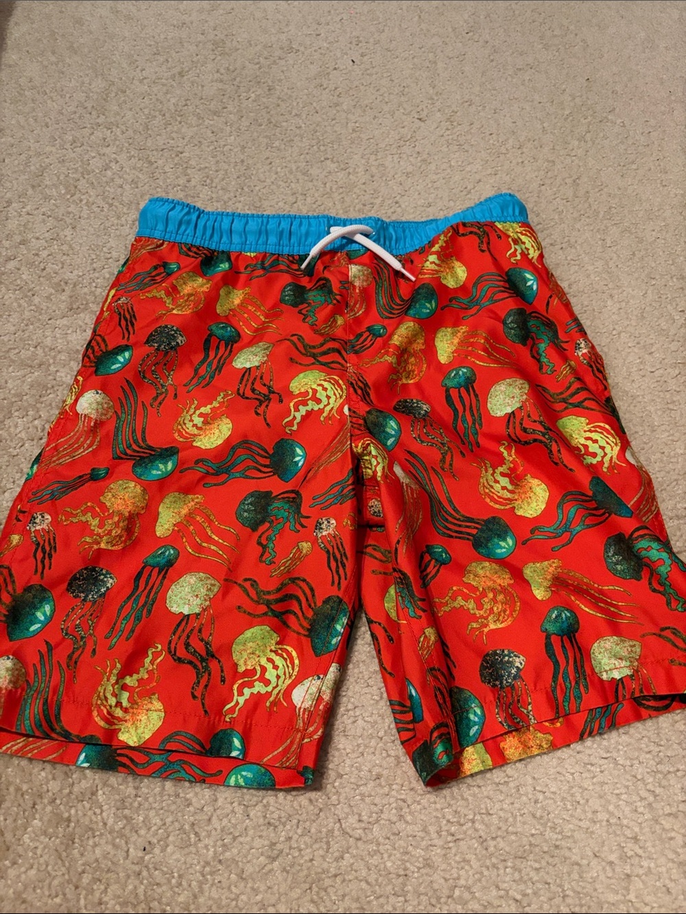 Orange Jellyfish Print Swim Trunks with Blue Waistband